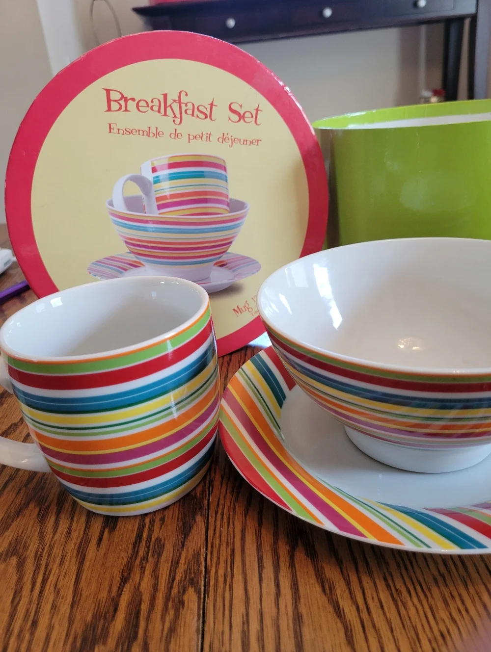 Danica Breakfast Set - Multicolor Striped Dining Set Mug Bowl Plate ~ Colorful!